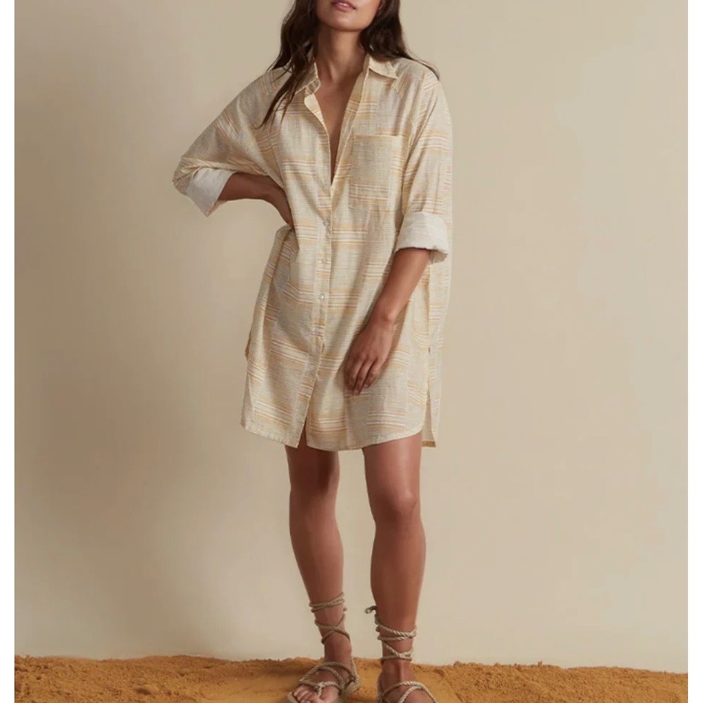 Soleil Soleil Equator Shirt Dress Swim Coverup Mustard Striped Cotton S/M NEW